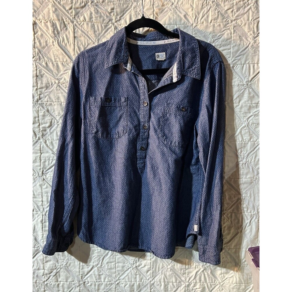 TOMS womens Blue Cotton Woven Solid Spread Collar Button-Up Shirt L/G